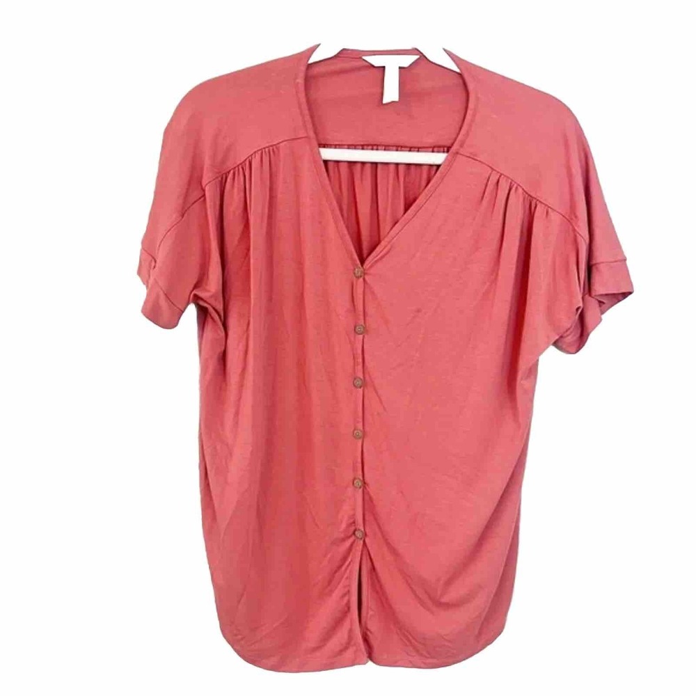 Matilda Jane Womens Medium Coral Pink Modal Spandex Button Down V-Neck Top